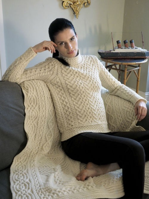Natural Aran Cable Fisherman Knit Sweater in Super Soft Merino Wool.