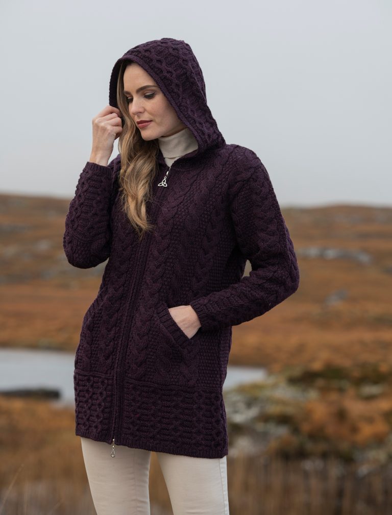 Irish Aran hooded cardigan coat with Celtic Zip
