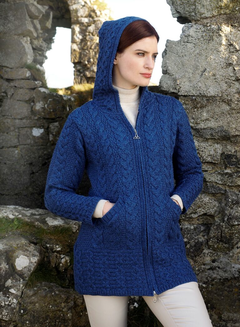 Irish Aran hooded cardigan coat with Celtic Zip