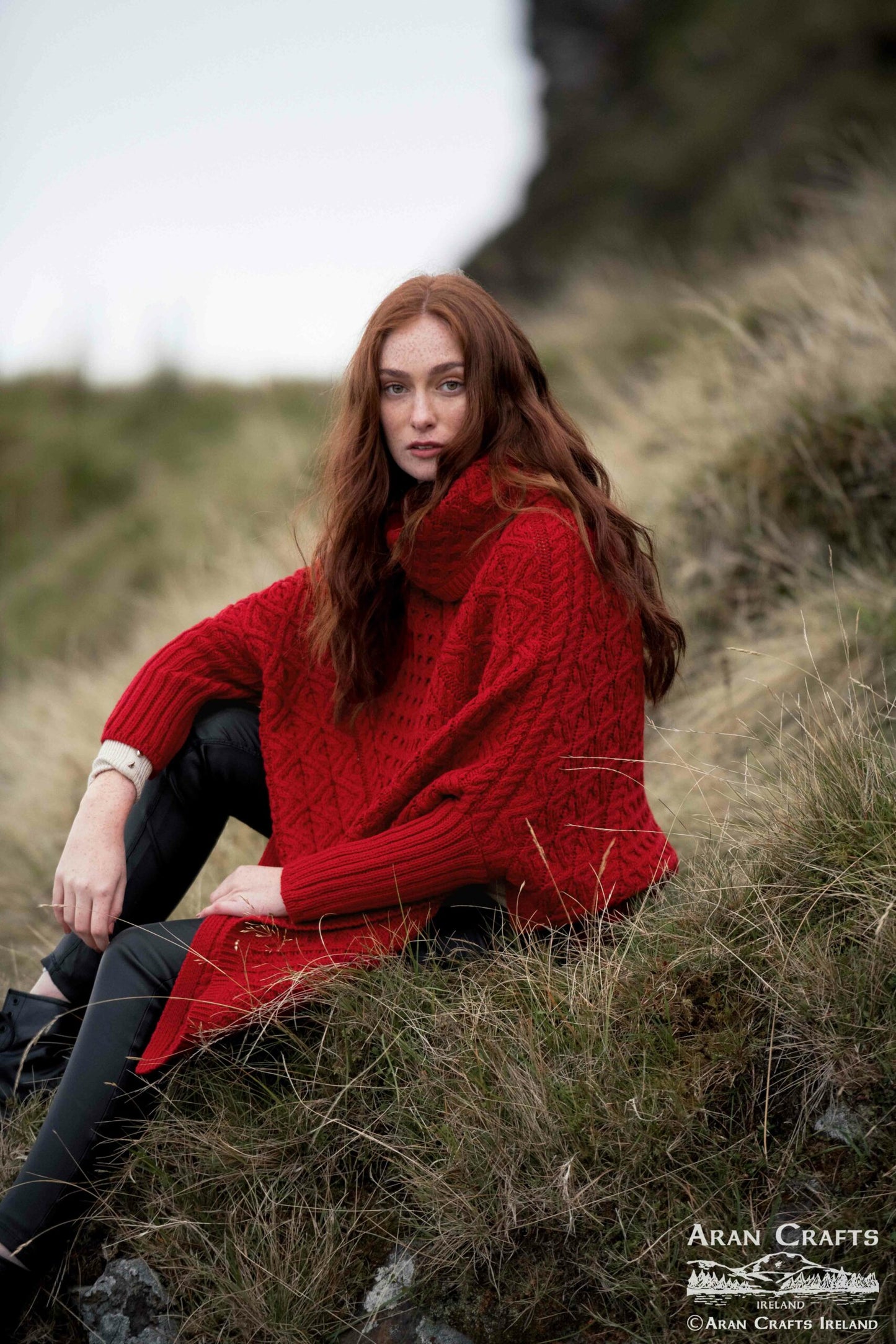 Aran Cable Knit Cape in Mallard Blue & Cherry Red
