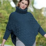 Aran Cable Knit Cape in Mallard Blue & Cherry Red
