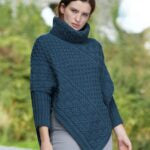 Aran Cable Knit Cape in Mallard Blue & Cherry Red