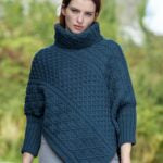 Aran Cable Knit Cape in Mallard Blue & Cherry Red