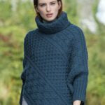 Aran Cable Knit Cape in Mallard Blue & Cherry Red