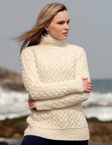 Natural Aran Cable Fisherman Knit Sweater in Super Soft Merino Wool.
