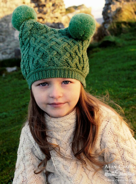 Shamrock Green Child’s Aran double Pom Pom hat