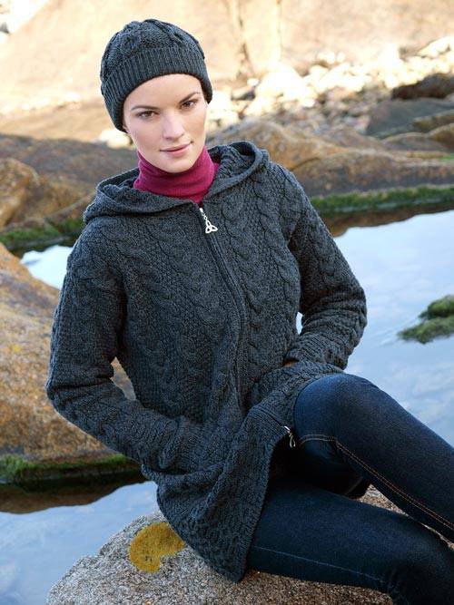 Irish Aran hooded cardigan coat with Celtic Zip