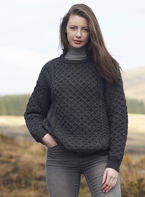 Charcoal Irish Aran Fisherman Knit Merino Wool Sweater