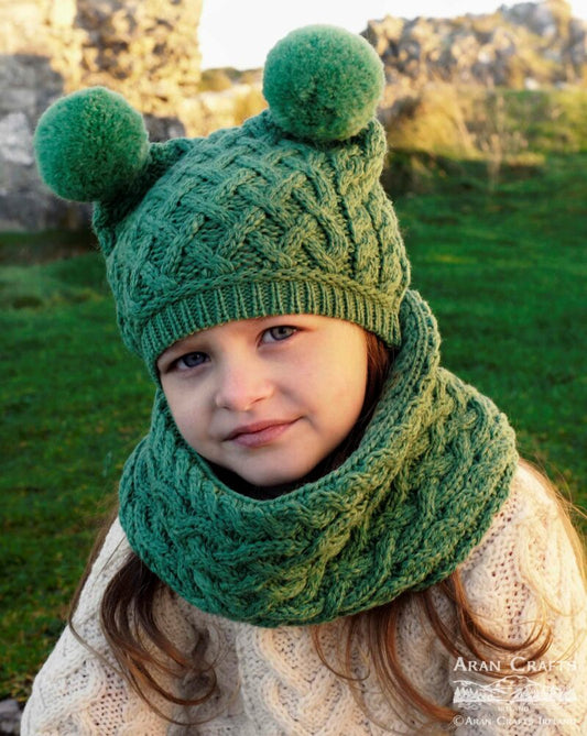 Shamrock Green Child’s Aran double Pom Pom hat