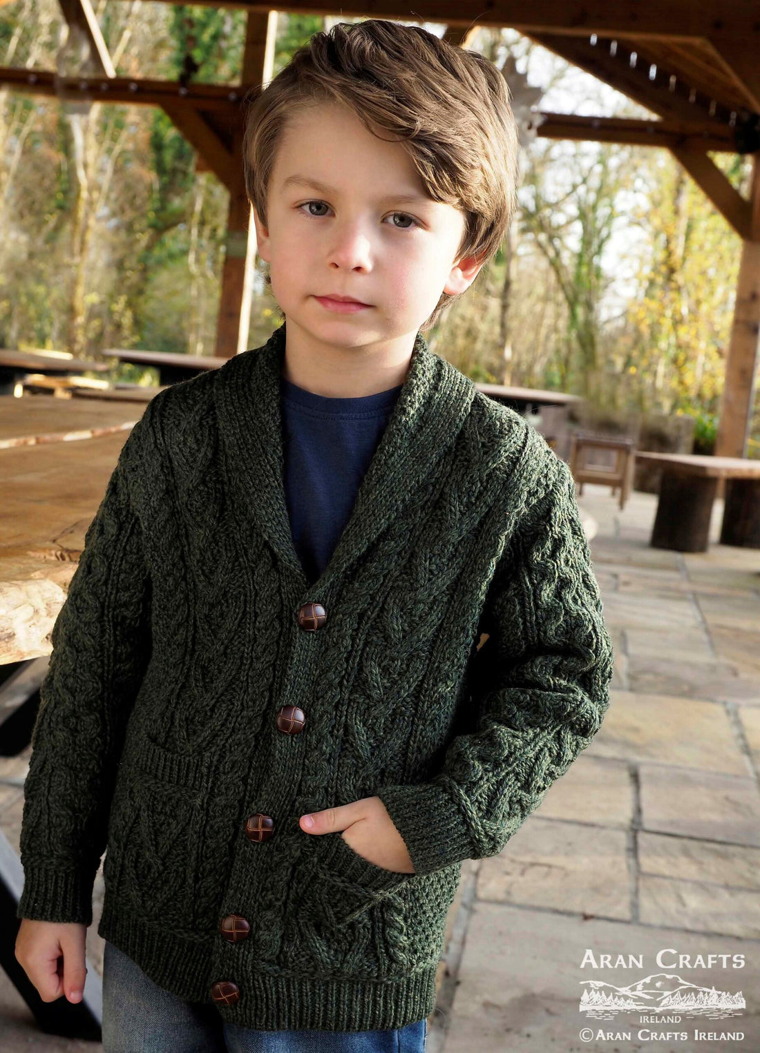 Aran shawl cardigan for boys made from 100% merino wool