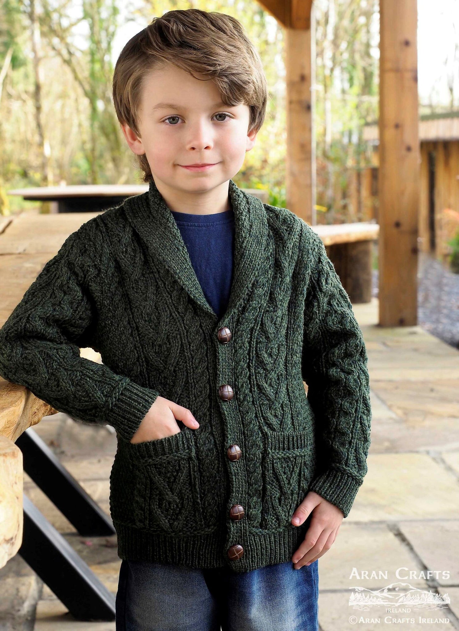 Aran shawl cardigan for boys made from 100% merino wool