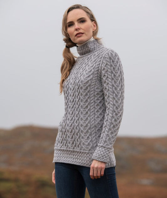 Grey Aran Cable Fisherman Knit Sweater in Super Soft Merino Wool.