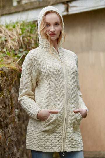 Irish Aran hooded cardigan coat.