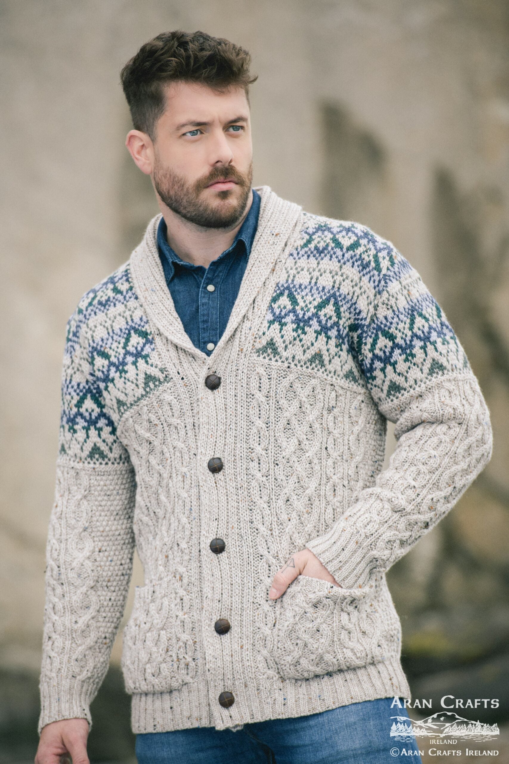 カーディガン Ireland vintage fisherman aran cardigan Aran~ AUTHENTIC IRISH FISHERMAN KNIT CARDIGAN/SWEATER IN