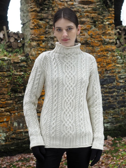 Irish Aran Funnel neck sweater in Super Soft Merino Wool