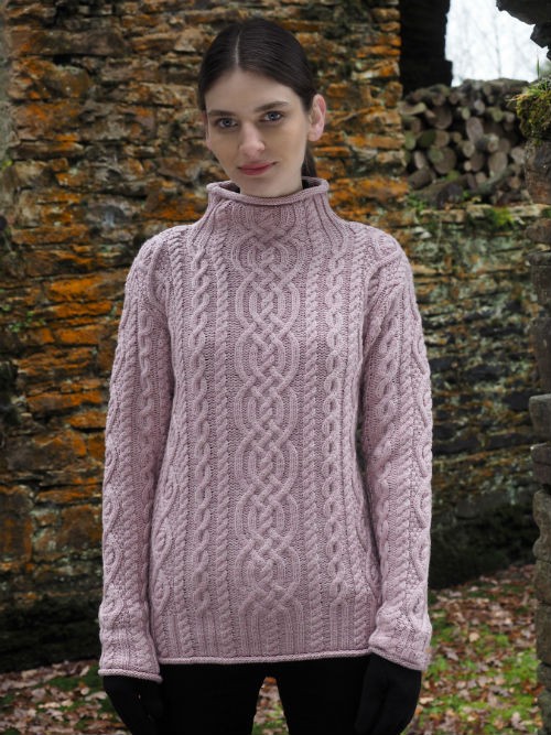 Irish Aran Funnel neck sweater in Super Soft Merino Wool