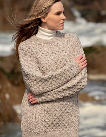 Oatmeal Irish Aran Fisherman Knit Merino Wool Sweater