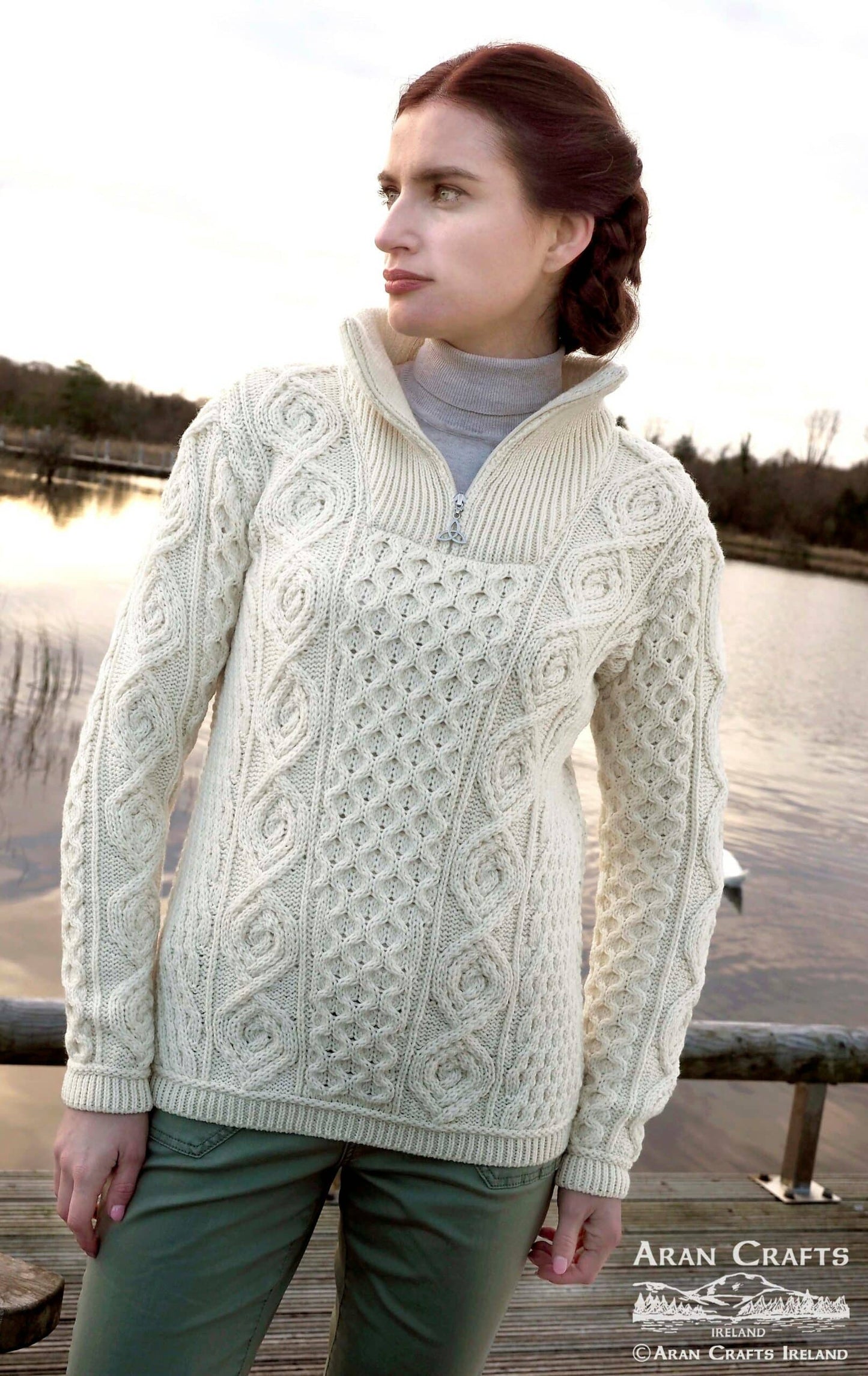 Irish Aran Fisherman Knit Wool Sweater with Zip Detail